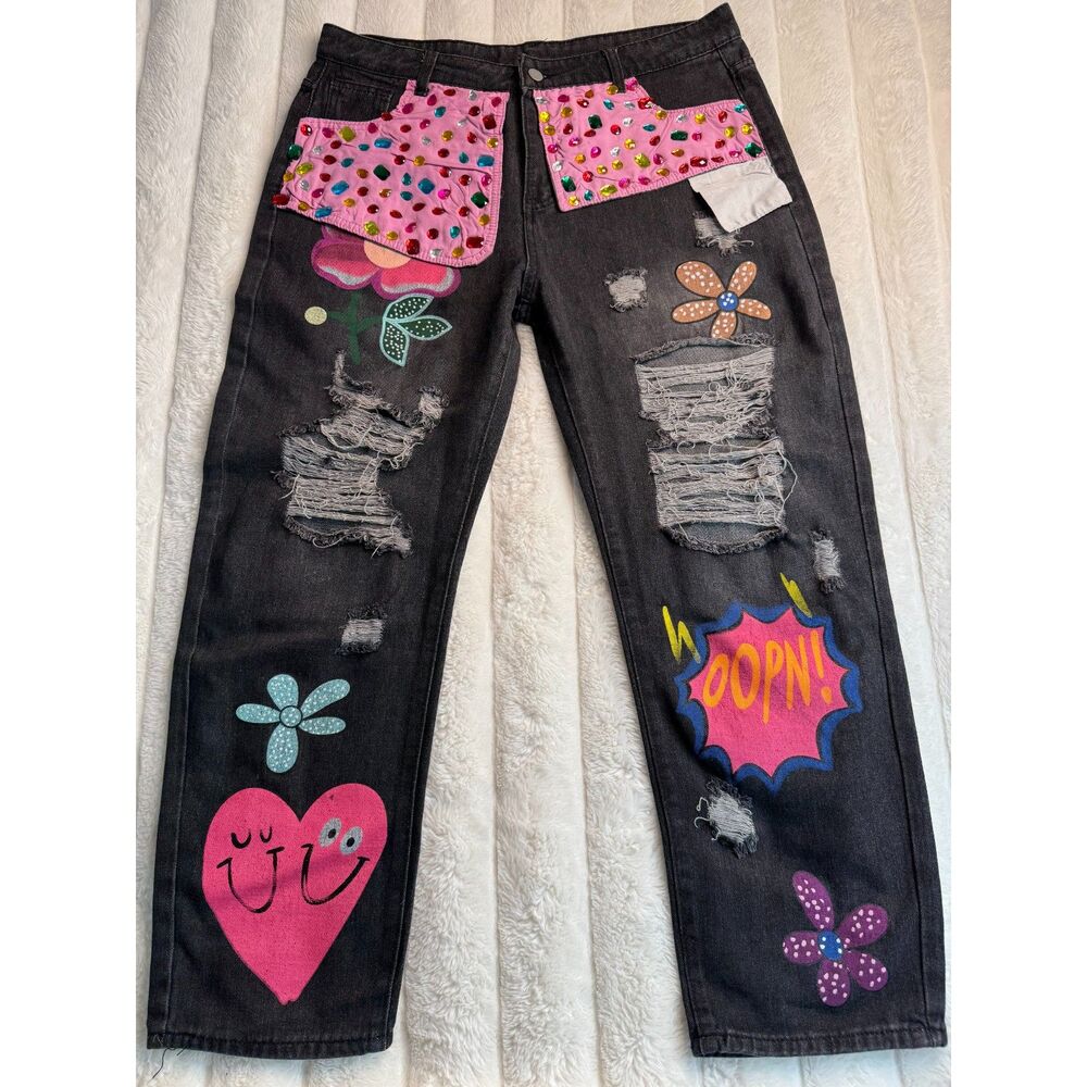 High Waist Wide Leg Rhinestone Flower Horseshoe Ripped Loose Cropped Jeans XL